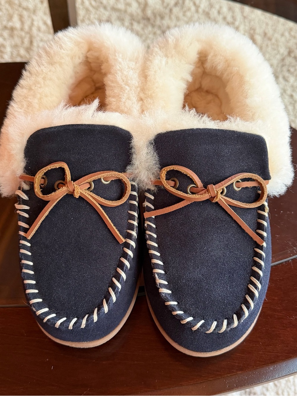 Shearling Lined Navy Leather Moccasin Slippers - Brand New w/o Box